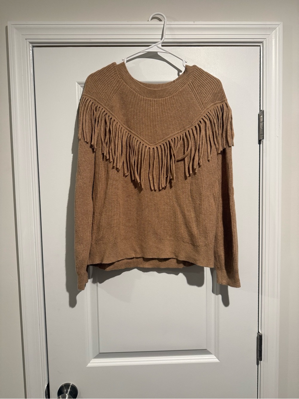 LOFT Fringe Detail Crewneck Sweater - Camel